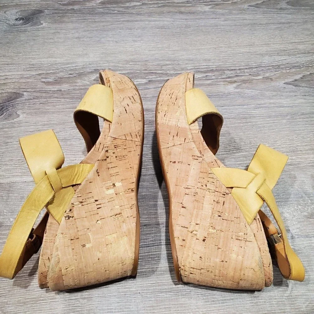 Kork-Ease Women's Beige Yellow Leather Platform Wedge Sandals Double Strap 8M